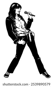 Rock, Cantora Pop Girl in Jeans Suit. Clipart de vetor de estilo de tinta isolado no branco.