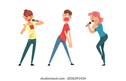 Rock and Pop Singers with Microphone Singing Performing on Stage Vector Set
