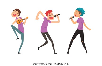 Rock and Pop Singers with Microphone Singing Performing on Stage Vector Set
