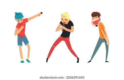 Rock and Pop Singers with Microphone Singing Performing on Stage Vector Set