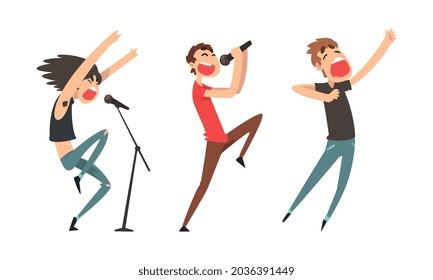 Rock and Pop Singers with Microphone Singing Performing on Stage Vector Set