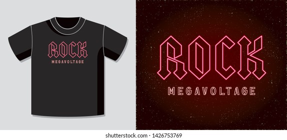 Rock Popular Heavy Metal Neon Sign Style Hand Drawn Logo and Megavoltage Lettering with Application Example on T-Shirt Vector Template - Red on Black Background - Vector Flat Graphic Design