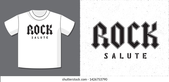 Rock Popular Heavy Metal Style Hand Drawn Logo and Salute Lettering with Application Example on T-Shirt Vector Template - Black on White Background - Vector Contrast Graphic Design