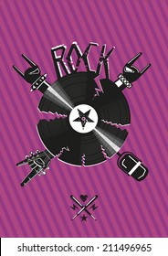 Rock poster with breaking vinyl record. Rock illustration with copy space. Best for posters and banners.