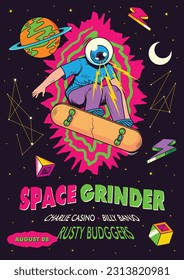 Rock Poster Concert 90's Style Vintage with Eye Skateboarder and Space Background 