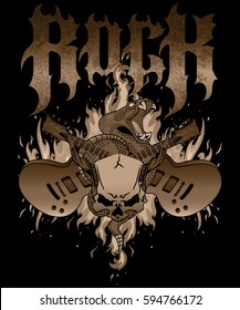 "Rock". Poster design with flames, crossed guitars, rattle snake and horned skull. Good fore posters, t-shirt prints, stickers.