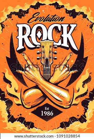 Rock Poster Design Template with crossed hands sign rock n roll gesture, guitar neck and flames on dramatic sky background.