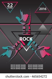 Rock poster or flyer template. Bright geometric elements. Abstract hands with fingers.