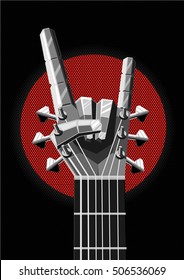 Rock poster with a metal hand and guitar. Music illustration