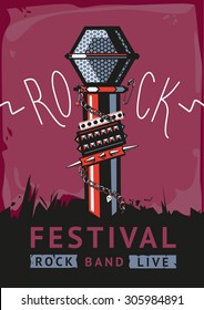 Rock poster with a microphone. Design template with a vector illustration and text for rock music fans.