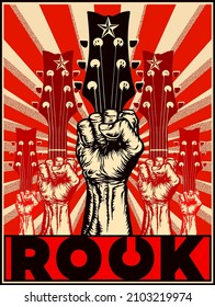 ROCK. Poster, Vektorgrafik von starken, hellroten Fäusten mit Gitarren auf rotem Hintergrund im Stil von sowjetischen Propagandapostern. 