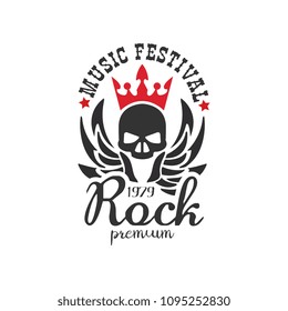 Rock premium music festival 1979 logo, design element with skull, crown and wings can be used for poster, banner, flyer, print or stamp vector Illustration on a white background
