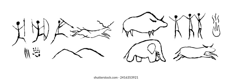 Rock primitive painting of hunting. Prehistoric animal and aboriginal primitive people hunting neanderthal vector ornament