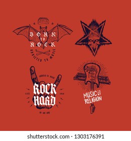 Rock print set: born to rock bat print, pentagram skull grunge print, rock hard sign of horns hand gesture, music is my religion crossed guitar and synthesizer