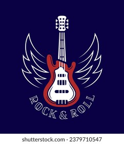 Rock print for tattoo. Electric guitar with inscriptionrock and roll. Retro style, back to 80s and 90s. Graphic element for website. Cartoon flat vector illustration isolated on blue background