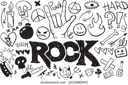 Rock punk doodle sketch with grunge style. Hand-drawn musical symbols, skulls, and expressive elements.