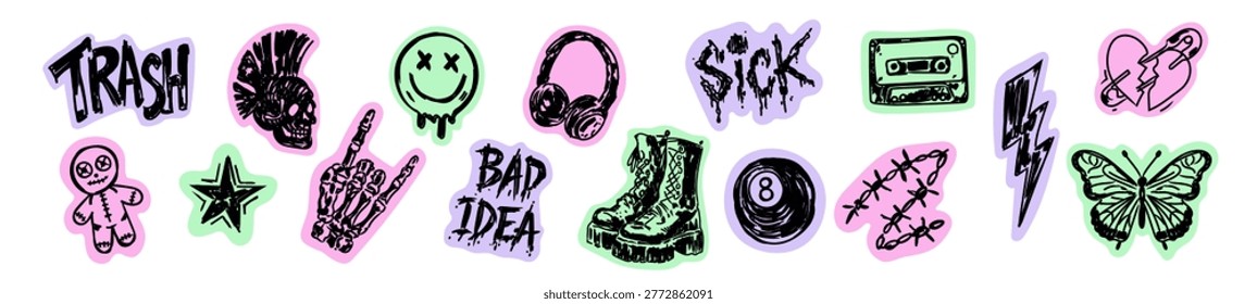 Rock Punk Doodle Sticker Set. Hand Drawn Grunge Emo Symbols, Gothic Scribble Elements, Urban Music Badges and Scrapbook Patches