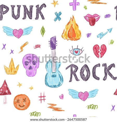 Rock and punk hand drawn seamless pattern. Cute print with crayon pencil texture effect