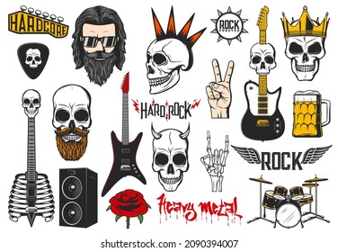 Rock And Punk Music Icons Set. Musical Instruments, Electric Guitars And Drums Kit, Human Skulls With Horns, Beard And Golden Crown, Beer Tankard, Guitar Pick And Rose Flower, Rock Music Fan Vector