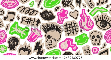 Rock punk music sticker pattern. Scrapbook doodle cutout icon. Vector punk rock n roll collage. Hand drawn seamless background. Brush grunge fire, star, skull tattoo element. Crayon music scribble bg