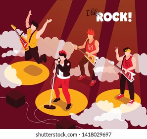 Rock punk musicians band performance isometric composition with singer guitarists stereo loudspeakers spotlight rays background vector illustration  