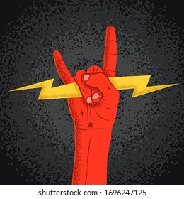Rock red hand silhouette holding lightning with vintage texture. Rock-n-roll horns symbol. Vector illustration