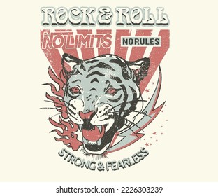 Diseño de camisetas de animales de rock y roll. Pintura acuarela de la cara del tigre. Ilustración vectorial de roca y rollo.