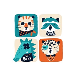 Rock And Roll Animals Musical Band. Vector Retro Poster. Cartoon Doodle Characters For Kids In Funny Doodle Style. For Printing On Baby Clothes, Posters, Invitations, Cards, Rock Punk Parties