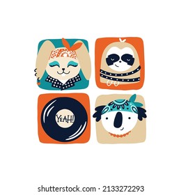 Rock and Roll animals musical band. Vector retro poster. Cartoon doodle characters for kids in funny doodle style. For printing on baby clothes, posters, invitations, cards, rock punk parties
