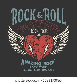 rock and roll artwork design. boys and girls vector t shirt design. poster artwork for apparel. Animal rock and roll artwork for fashion and others. Vintage Rock Poster With Heart, Lightning, And Teal