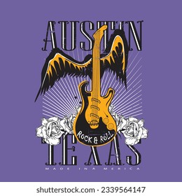 Rock and Roll Austin Texas , vintage graphics, wing guitar and rose vibes, Rock and roll vintage t shirt design. Thunder with eagle wing vector artwork for apparel, stickers, posters, 