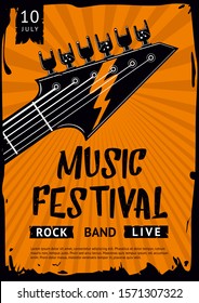 Rock and Roll background. Indie festival and party template. music poster with guitar and human hand. Vector illustration.