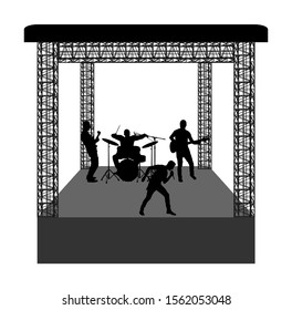 Rock and roll band on stage vector silhouette. Musician play bass guitar and drums. Super star music concert show. Great event for fan supporters. Drummer and guitarists players. Popular singer artist