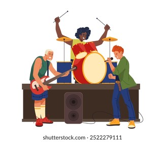 Rock and roll band performance. Vector group at live concert with drummer and electro guitarist, singer or vocalist. Trio at gig stage or soundcheck, studio recording. Musician entertainment. Music