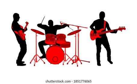 Rock and roll band vector silhouette isolated. Musician play bass guitar and drums on stage. Super star music concert show. Great event for fan supporters. Drummer and guitarist players, singer artist