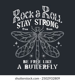 Rock and roll Butterfly artwork print design for t-shirt. Music poster. Rockstar vector artwork,  Be free like a butterfly. for apparel, poster, background, and others. Rockstar vector artwork.