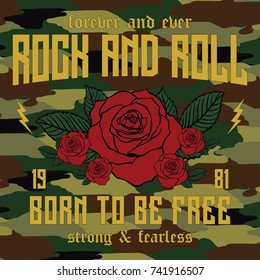 Rock and Roll camouflage slogan, forever and ever slogan fashion patch, rose with leaves, fashion patches, badges  typography, t-shirt graphics, vectors