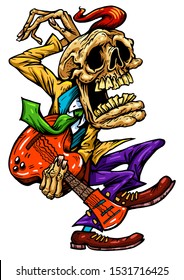 Rock and roll character. Dancing and guitar playing skeleton in the rockabilly style. Cartoon Vector color illustration. T-shirt print music poster