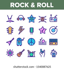 Rock And Roll Collection Elements Icons Set Vector Thin Line. Guitar And Drums, Microphone And Headphones, Star And Rock Music In Radio Concept Linear Pictograms. Color Contour Illustrations