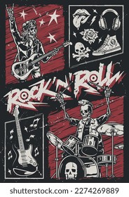 Volante colorido de rock and roll con músicos muertos tocando tambores y guitarra para los fans en la ilustración de los vector de conciertos