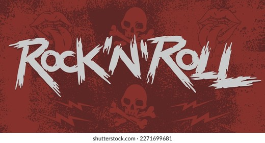 Rock and roll colorful flyer with skulls and crossbones near lips for scenery of heavy metal magazine vector illustration