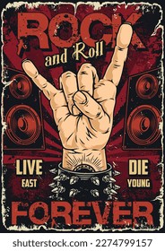 Afiche de color rock and roll con la mano de rockero genial haciendo gestos punk y altavoces de estilo grunge ilustración vectorial