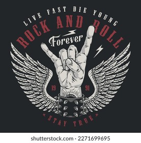 Rock and roll colorful poster rocker hand making goat gesture with wings and words live fast die young vector illustration