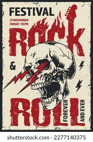 Rock and roll colorful poster with skull for advertising signboards inviting to heavy music festival or party vector illustration