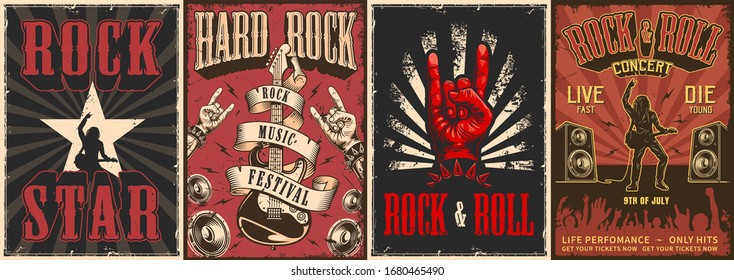 Afiches de color rock y roll con letras rockero que tocan altavoces de guitarra eléctrica gestos de mano de cabra bailando silueta de multitud en ilustración vectorial de estilo vintage