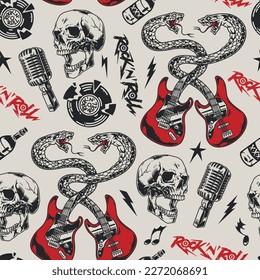 Rock and roll colorful seamless pattern with guitars and skulls for design trendy hipster clothes culture punk style vector illustration