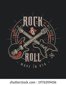 Rock and Roll.  Craft retro vintage print design.  Graphic vector illustration. Old badge, label, logo template.