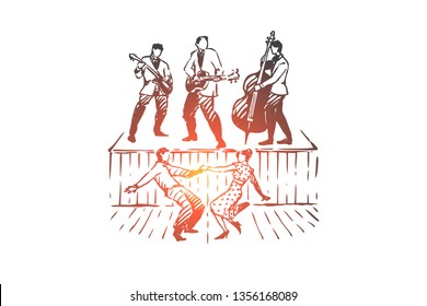 Rock and Roll, dance, music, party, retro concept. Hand drawn musicians play rock and roll, people dancing concept sketch. Isolated vector illustration.