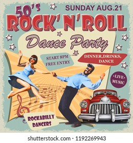 Rock and Roll Dance Party retro poster. 