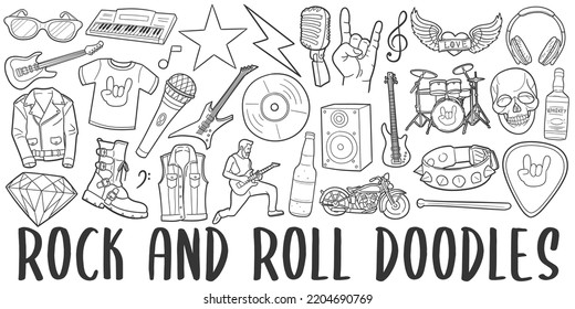 Rock and Roll Doodle Banner Icon. Music Vector Illustration Hand Drawn Art. Line Symbols Sketch Background.